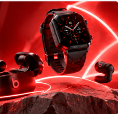 Tecnologia 3D - Smartwatch e Fones Beats sobre rocha iluminada
